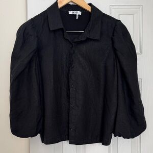 DKNY Black Puff Sleeve Linen Blouse